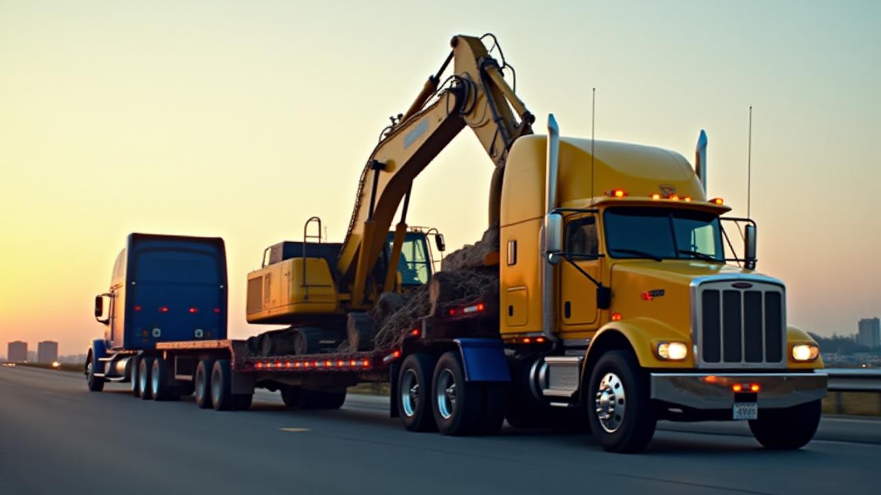 Large yellow excavator being secured on a heavy duty flatbed truck in Columbus
