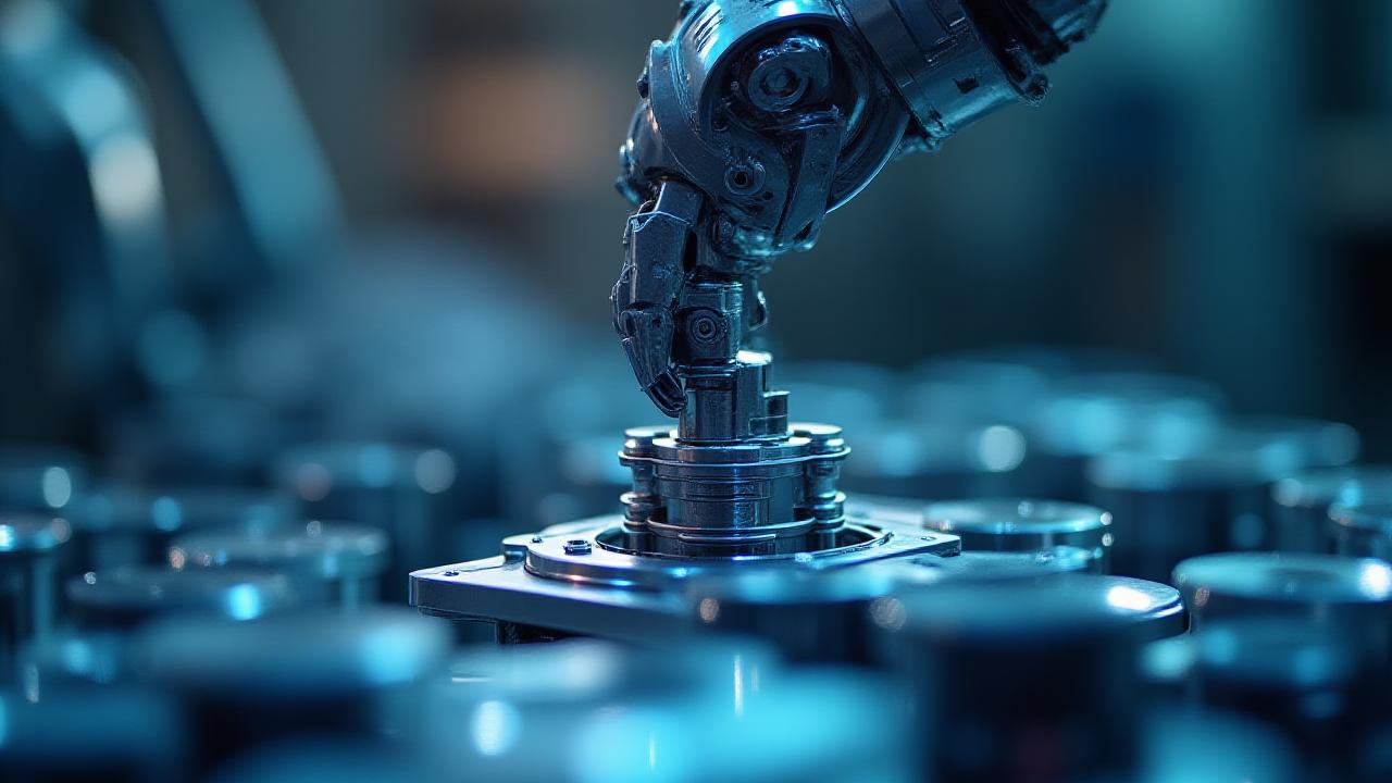 Close-up of high-speed manufacturing assembly line with parts moving in perfect synchronization