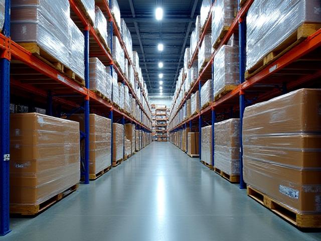 Neatly wrapped pallets ready for e-commerce delivery in a Columbus warehouse