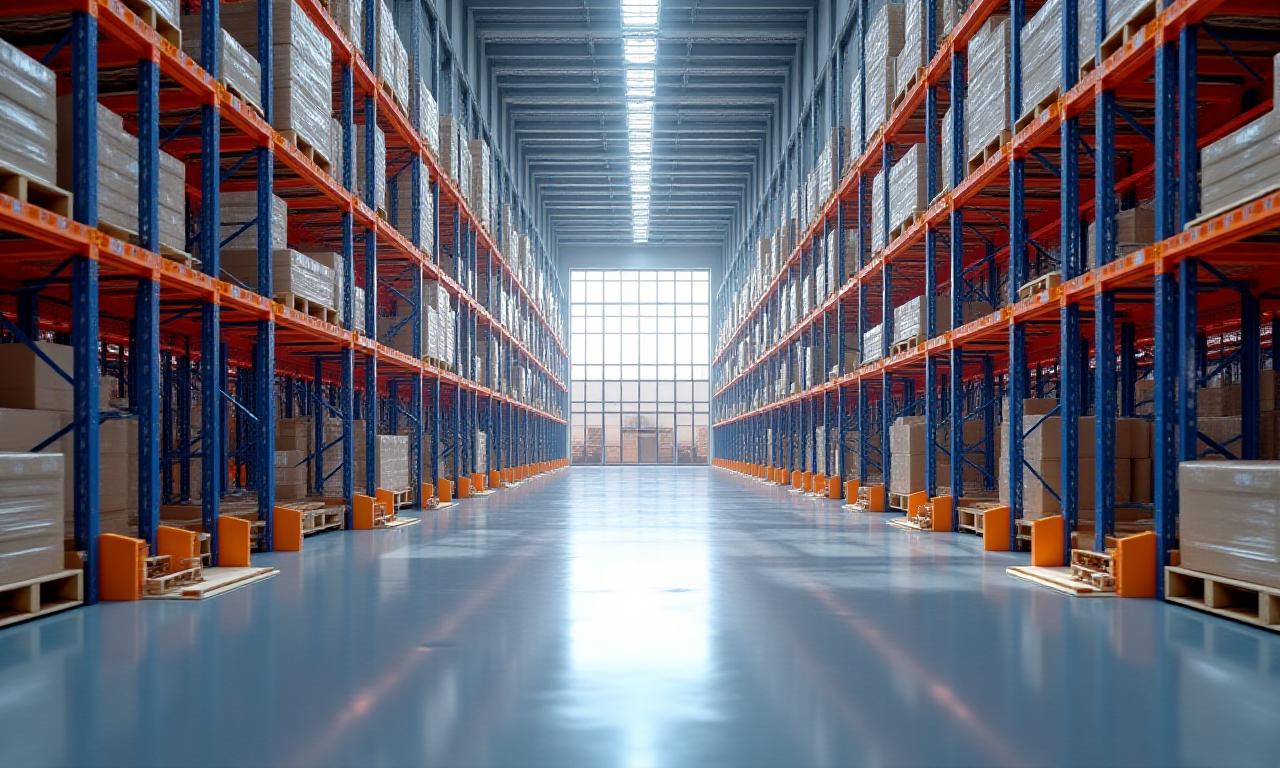Modern logistics warehouse in Columbus OH with high ceilings and organized freight racks